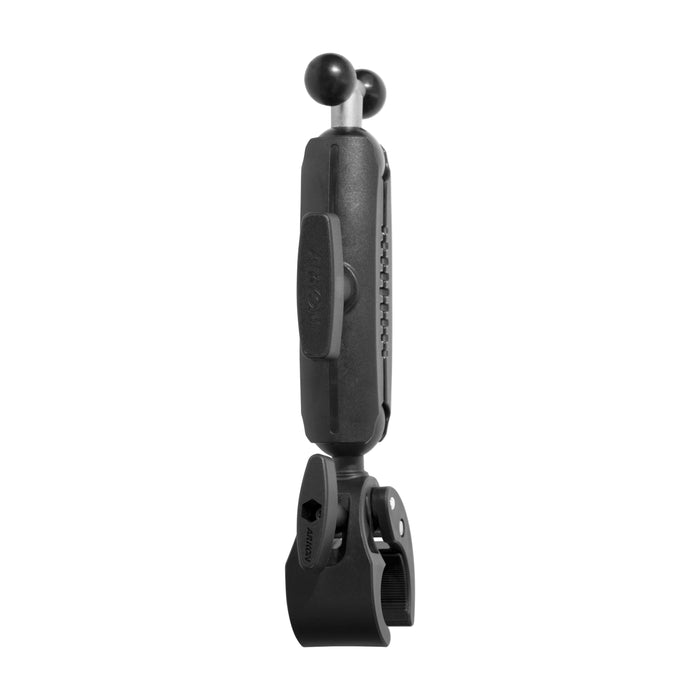 The RoadVise® Clamp Mount with Triple Ball Adapter, in black, features ball-and-socket joints at both ends and a clamp base—perfect for commercial setups—shown upright against a white background.