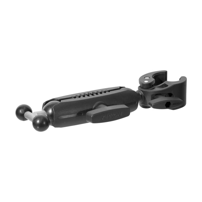 The RoadVise® Clamp Mount with Triple Ball Adapter features a black, adjustable clamp and ball-and-socket design—ideal for securing devices or accessories in commercial settings.