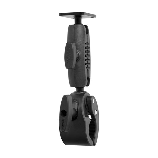 The RoadVise® Clamp with Metal AMPS Mounting Plate is a black, versatile mount with a clamp base and flat platform, designed to securely attach devices to poles or tubes in various settings.