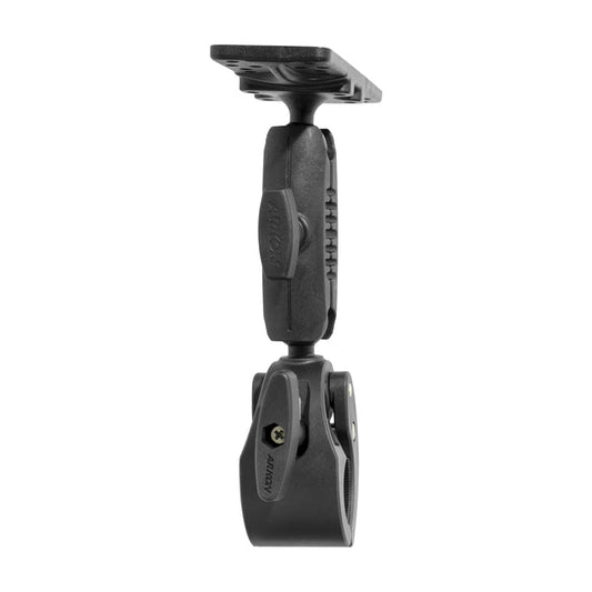 The RoadVise® Clamp with Universal Fish Finder Mount features a black adjustable mounting bracket with a flat top plate and a swiveling joint, offering reinforced stability with visible screws and arm. Designed for securely attaching equipment to surfaces, it serves as an ideal universal fish finder mount.