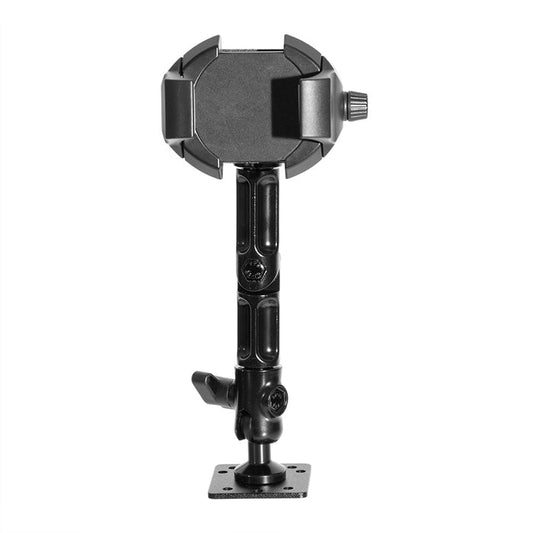 The RoadVise® Ultra Aluminum Drill Base Mount Phone Holder features an adjustable arm, secure grip for smartphones or small devices, and tightening knobs for easy adjustment.
