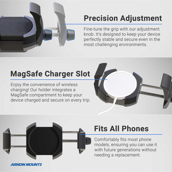 The RoadVise® Ultra Holder with Aluminum Handlebar Mount offers an adjustable grip, MagSafe charger slot, padded arms for various phone sizes, precision adjustment, MagSafe compatibility, and universal fitting—ideal as a motorcycle phone mount.