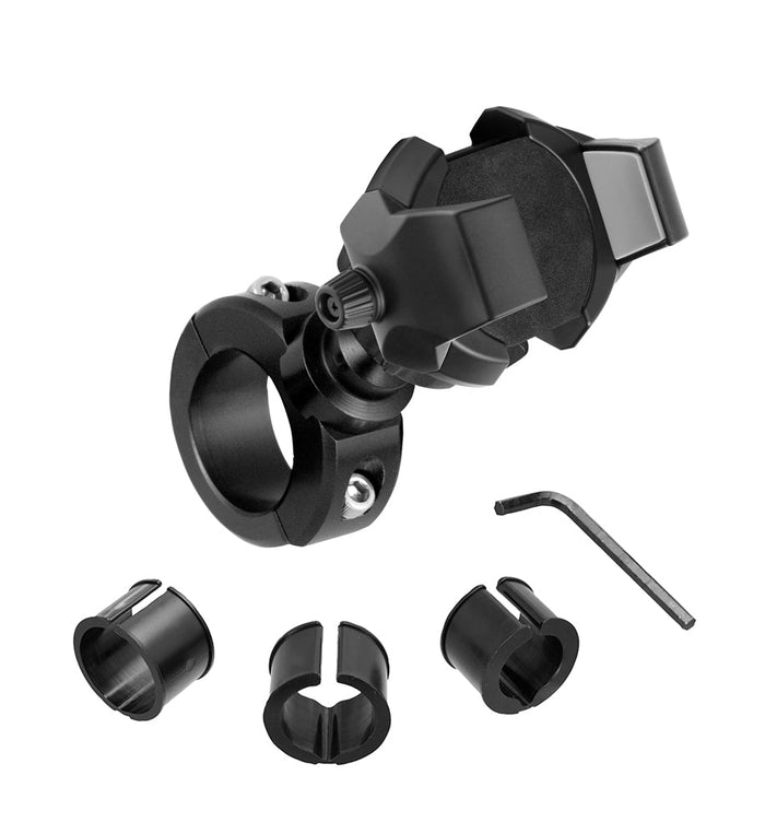 The RoadVise® Ultra Holder with Aluminum Handlebar Mount features a black adjustable clamp, three sizing inserts, and an included hex key for easy installation—perfect as a sturdy phone mount for bicycles or motorcycles. All items are shown on a white background.