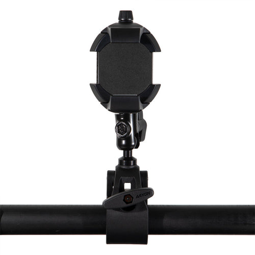 The RoadVise® Ultra Holder with Multi-Angle Arm and Clamp Mount, shown front-facing on a white background, securely holds smartphones or tablets with padded grips and an adjustable clamp attached to a horizontal pole.