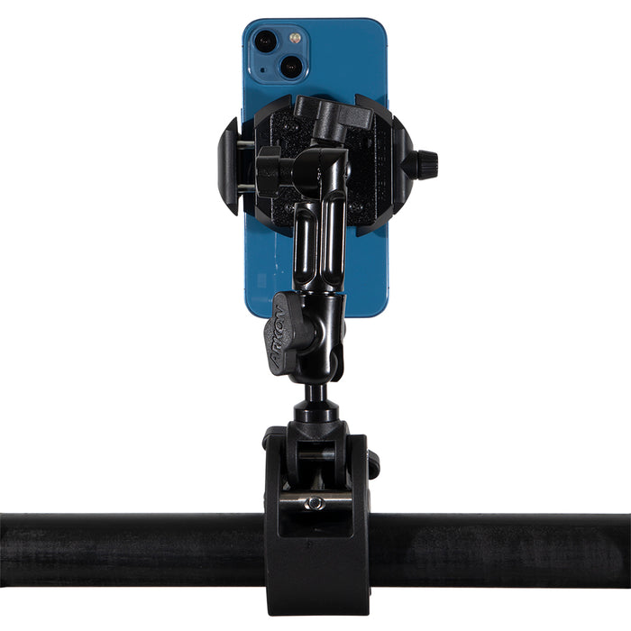 A blue smartphone is held vertically in a RoadVise® Ultra Holder with Multi-Angle Arm and Clamp Mount, attached to a horizontal metal bar and viewed from the back.
