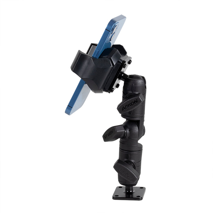 The RoadVise® Ultra Holder with OCTO™ Drill-Base Mount securely grips a blue smartphone in its black adjustable clamp. Its universal design and flat drill-base allow stable installation on multiple surface types.