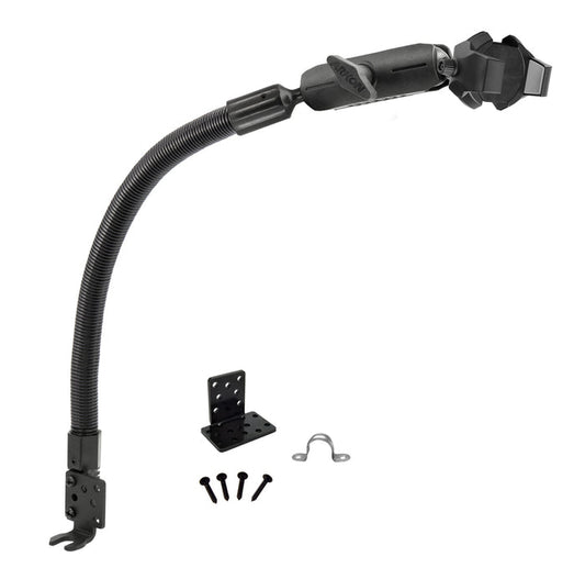 The RoadVise® Ultra Holder with Shaft Arm and 18 Seat Rail Mount, featuring a flexible black mounting arm, adjustable bracket, metal plate, screws, and small metal clip—ideal for use as a gooseneck phone mount.