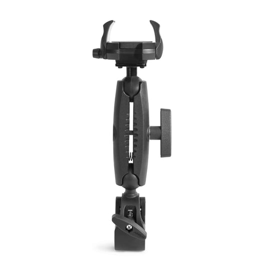 The image shows the RoadVise® Ultra Phone and Tablet Holder with Clamp Mount and 5.75” Shaft Arm, a black adjustable heavy-duty mount featuring a clamp base and device holder, photographed against a white background.
