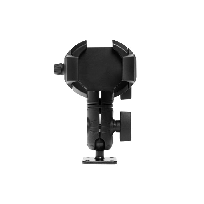 The RoadVise® Ultra Phone Mount with Double Socket Swivel Arm, in black, features an adjustable clamp and drill base, a rugged design with a side knob, and is shown against a white background.