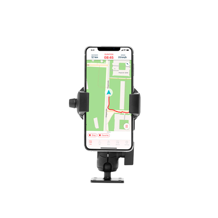 A smartphone on the RoadVise® Ultra Phone Mount with Double Socket Swivel Arm displays a navigation app with map and route directions, set against a white background.