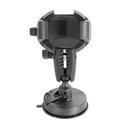 The RoadVise® Ultra Sticky Suction Phone or Tablet Mount is a black, adjustable holder with strong gripping arms and a powerful suction base, ideal for use as a windshield mount. Pictured against a white background.