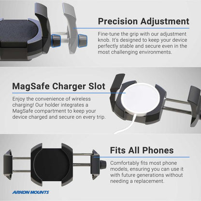 The RoadVise® Ultra Sticky Suction Phone or Tablet Mount features adjustable arms, a MagSafe charger slot, and a rotating knob. Shown in three sections for precision adjustment, MagSafe compatibility, and universal fit—ideal for your windshield.