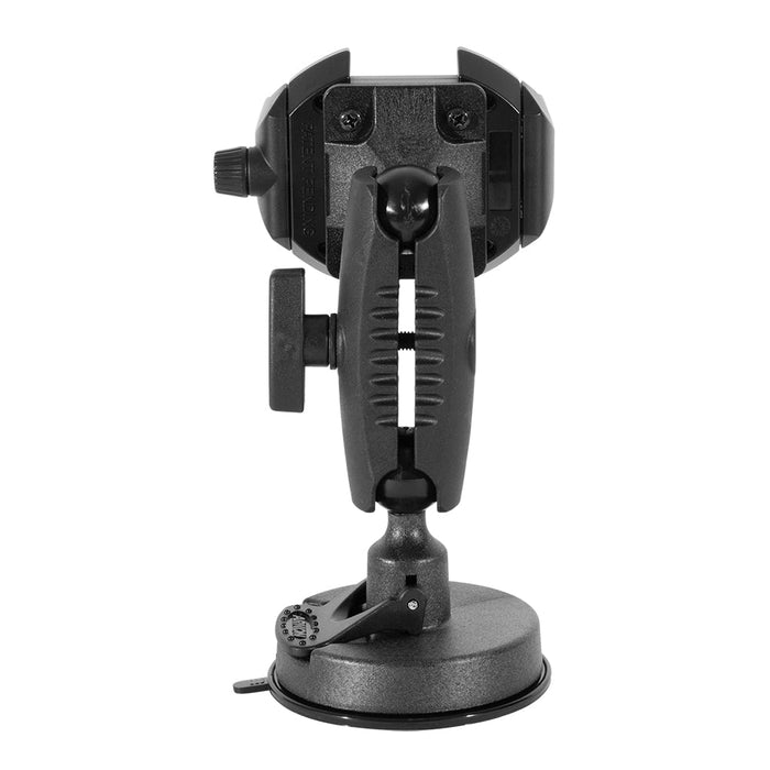 The RoadVise® Ultra Sticky Suction Phone or Tablet Mount, shown upright on a white background, features an adjustable black design with side clamps, tightening knobs, and a suction cup base.