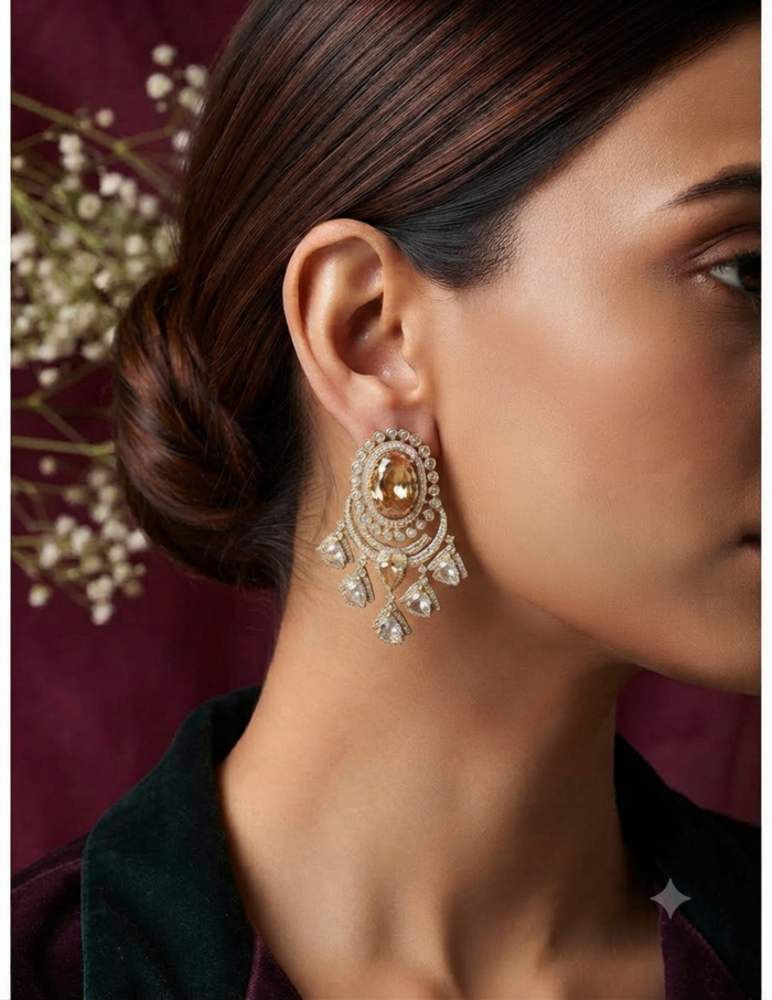 A close-up side profile of a woman wearing an ornate gold and silver-toned statement earring with clear stones and a central amber oval gemstone, set against a dark burgundy background with soft floral bokeh.