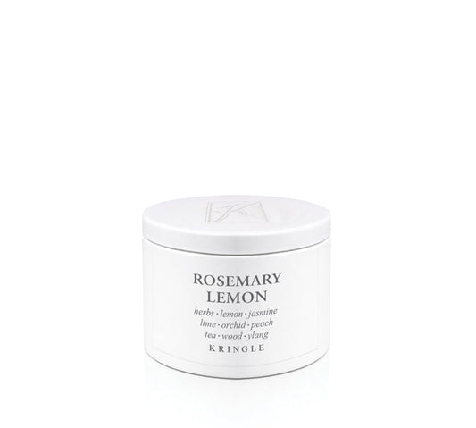 Kringle Candle tin labeled 'Rosemary Lemon' on a white background