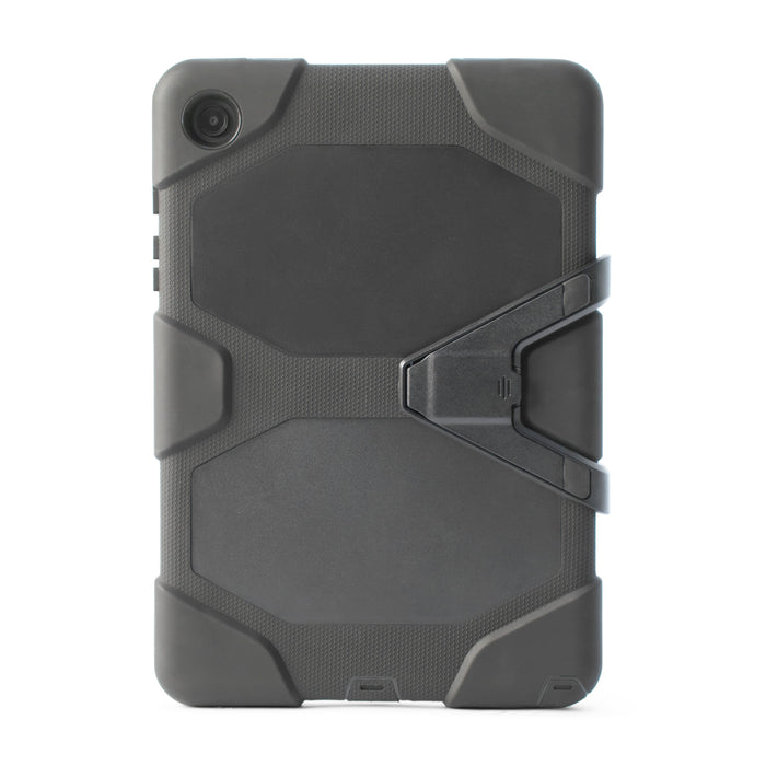 The Rugged Case for Samsung A9+ is a black, multi-layer protective cover with angular corners, textured grip, and a built-in kickstand on the back, offering drop-proof defense—shown against a white background.