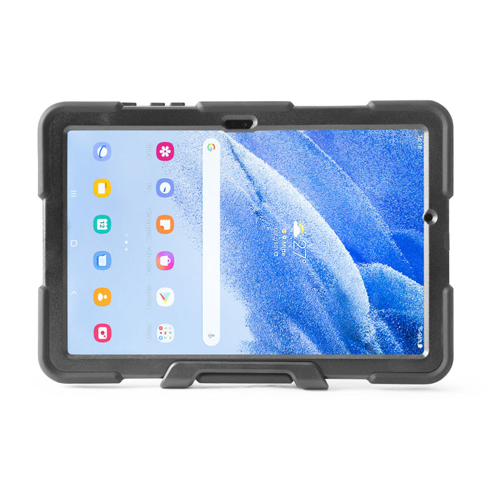 The Rugged Case for Samsung A9+ is shown upright on a white background, featuring multi-layer protection. The drop-proof case displays a colorful home screen with app icons and a blue abstract wallpaper.