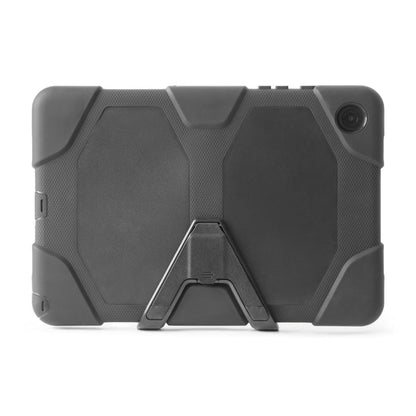 The Rugged Case for Samsung A9+ is shown from the back in black, featuring textured grips, a built-in triangular kickstand, and precise camera cutout for reliable multi-layer protection.
