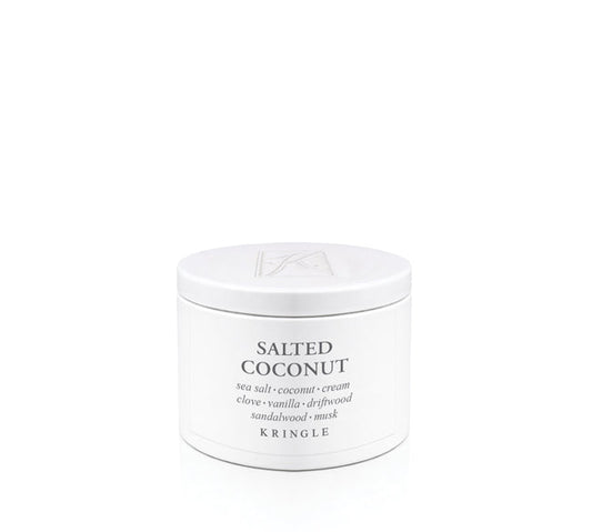 Kringle Candle tin labeled 'Salted Coconut' on a white background
