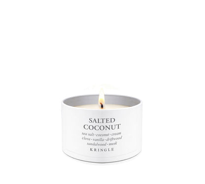 Kringle Candle Company salted coconut candle tin on a white background