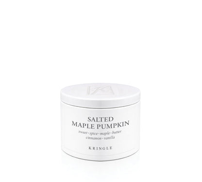 White candle tin labeled 'Salted Maple Pumpkin' by Kringle on a white background