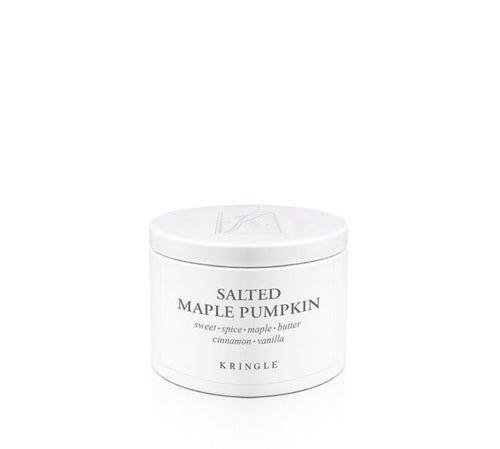 White candle tin labeled 'Salted Maple Pumpkin' by Kringle on a white background