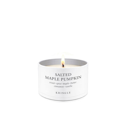 Kringle Candle Company salted maple pumpkin candle in a tin on a white background
