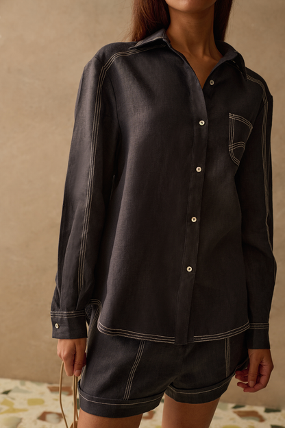 Sancia Landon Shirt in navy with contrast stitching and relaxed fit. Lightweight cupro fabric. Shop now at Dotique.