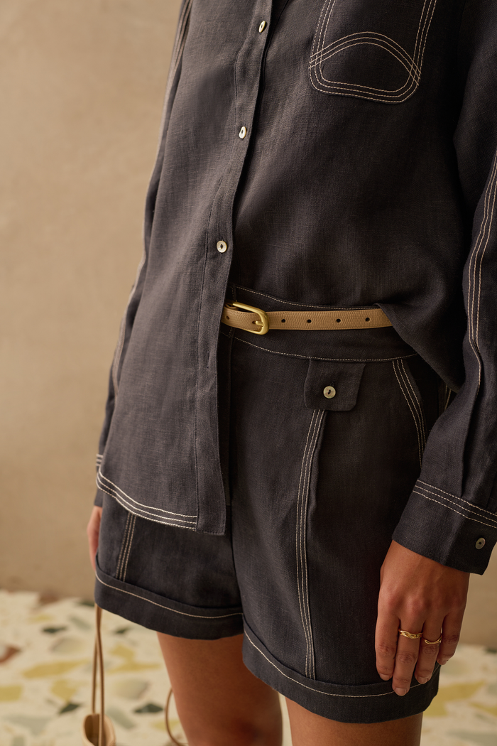 Sancia Landon Shirt in navy with contrast stitching and relaxed fit. Lightweight cupro fabric. Shop now at Dotique.