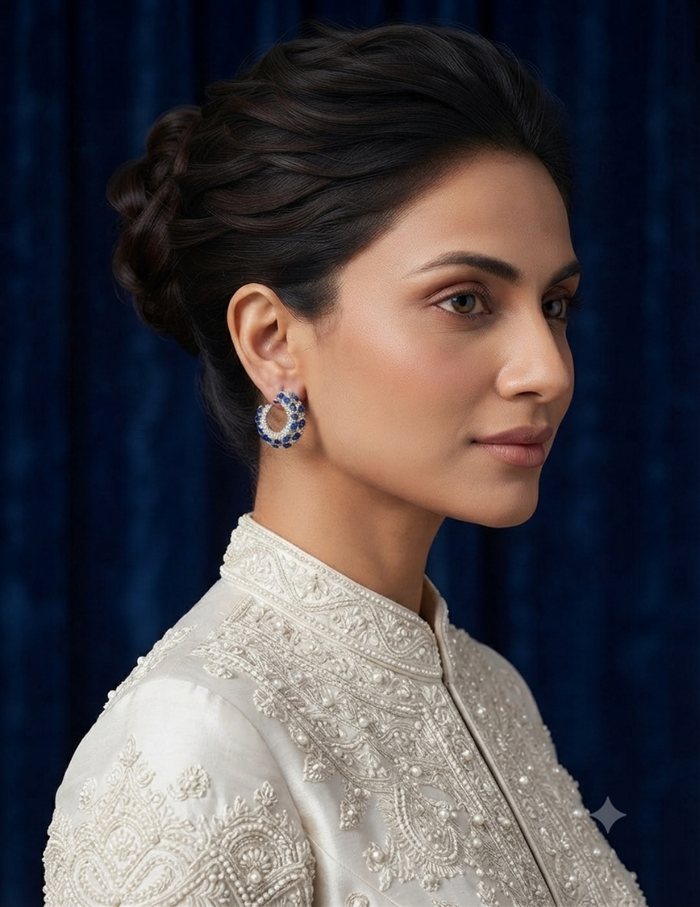 A woman in profile wearing a cream embroidered traditional outfit and a blue-and-white circular earring, photographed against a dark blue velvet curtain.