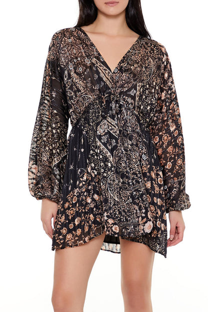 Satin Paisley Plunging V-Neck Mini Dress