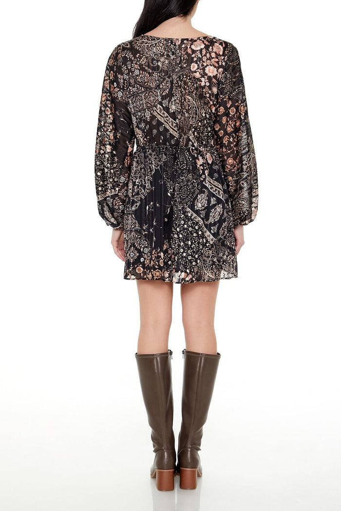 Satin Paisley Plunging V-Neck Mini Dress