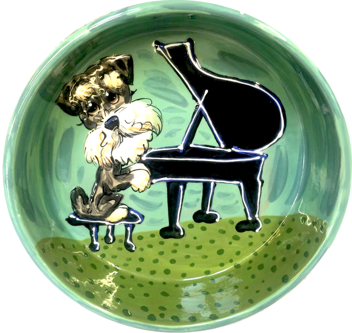 photo of schnauzer dog playing baby grand piano hand painted pet portrait by Debby Carman