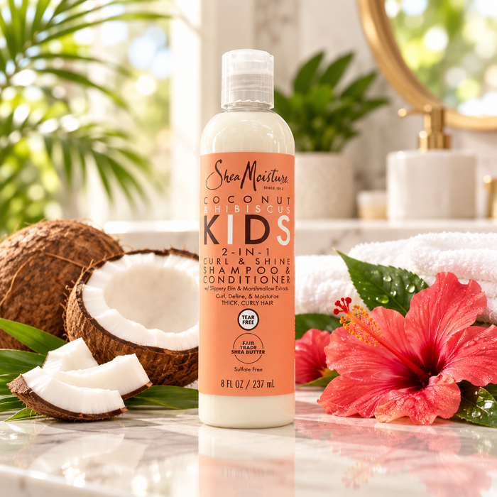SheaMoisture Coconut and Hibiscus Kids 2-in-1 Curl and Shine Shampoo and Conditioner 8oz for thick curly hair