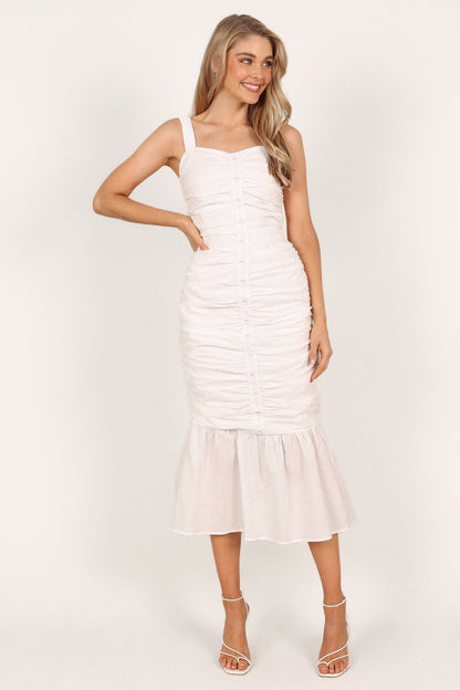 Petal and Pup USA DRESSES Sierre Ruched Midi Dress - White