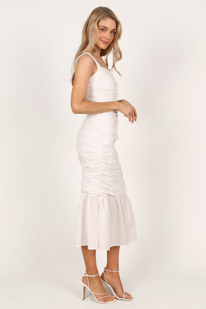 Petal and Pup USA DRESSES Sierre Ruched Midi Dress - White