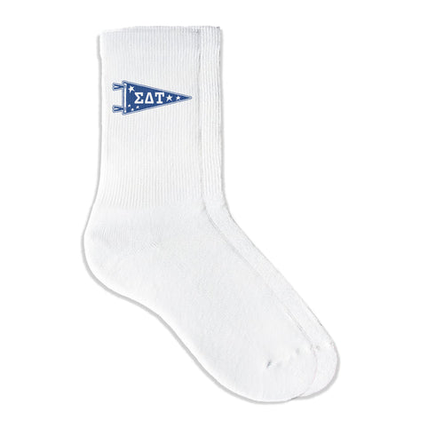 Sigma Delta Tau collegiate pennant crew socks featuring Sigma Delta Tau Greek letters on white sporty crew socks