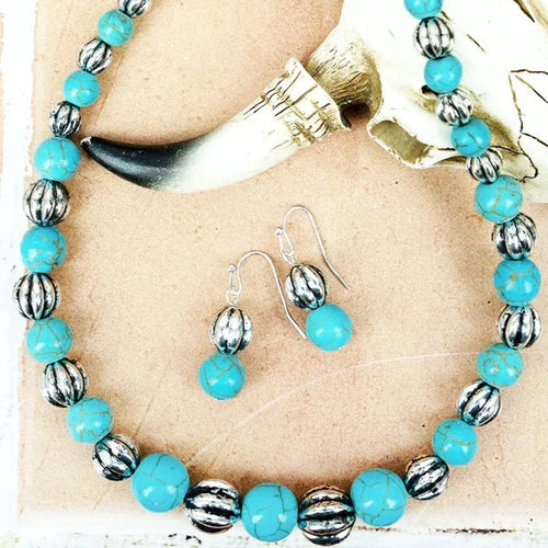 Silver and Turquoise Beaded Necklace and Earring Set