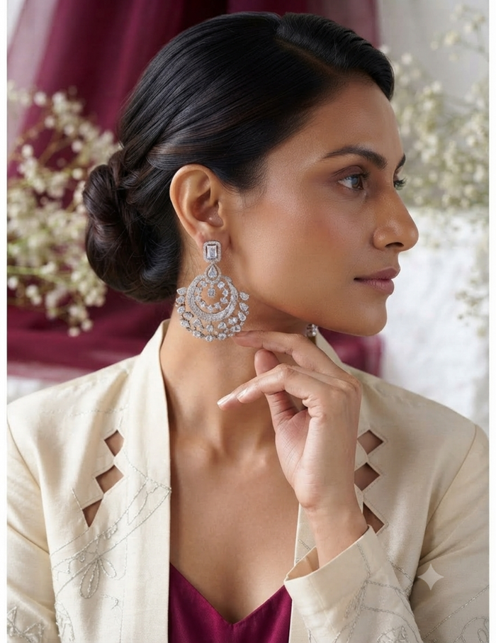 A woman in a cream-colored embroidered jacket and maroon top wears a pair of ornate silver-toned statement earrings with clear stones and orange stone accents, posed against a soft-focus background of burgundy drapery and white flowers.