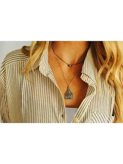 Silver Floral Filigree & Turquoise Stone Cattle Tag Necklace