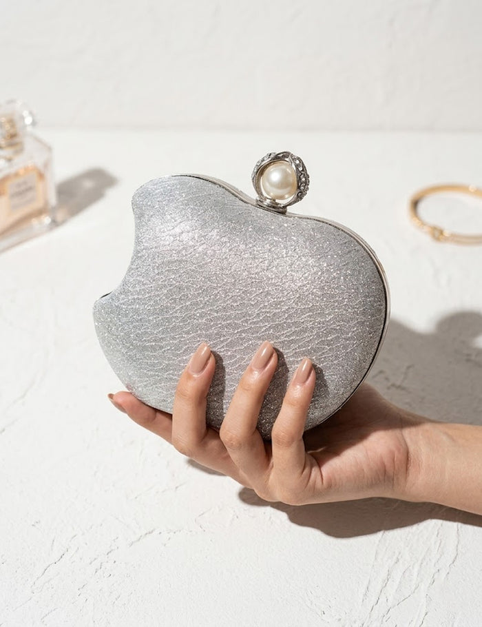 Silver Glitter Heart Pearl Clasp Evening Bag