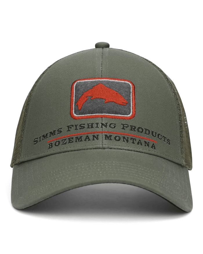 Simms Trout Icon Trucker Hat Simms Smokey Olive Headwear Rivers and Glen Trading Co