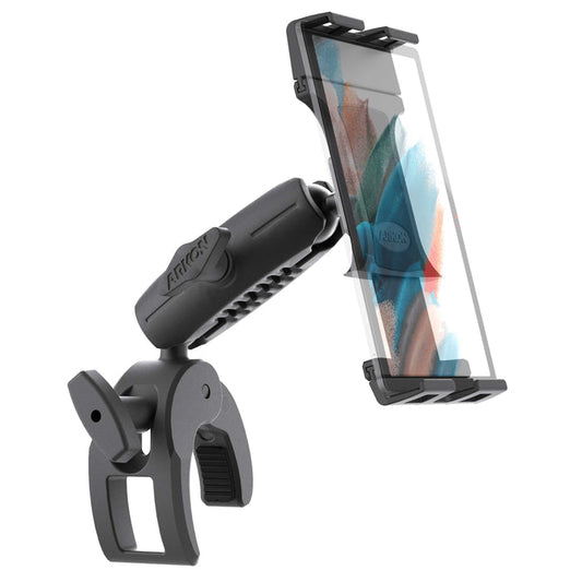 The SkyHold iPad Yoke Mount, a black adjustable clamp mount with a textured grip and rotating joint, securely attaches to various surfaces. It holds a smartphone displaying colorful artwork, making it ideal for aviation tablets or iPads.