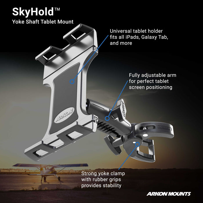 The SkyHold iPad Yoke Mount is shown with labeled features: universal tablet holder, fully adjustable arm, and strong yoke clamp with rubber grips. A small plane sits on a runway in the background.