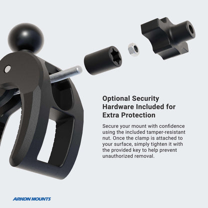 Close-up of the Robust Clamp Mount with Security Knob - 25mm (1 inch) Compatible, shown in black with an exploded view illustrating the tamper-resistant nut, security knob, bolt, and key. Text notes the security hardware deters unauthorized removal. Arkon Mounts logo at bottom left.