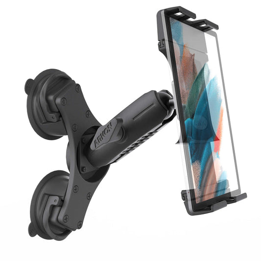 The SkyHold™ Windshield Dual Suction Tablet Mount in black securely holds a smartphone with a vibrant screen and protective case, displayed at an angle against a white background.