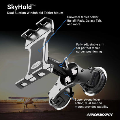 The SkyHold™ Windshield Dual Suction Tablet Mount features adjustable arms and a universal holder for secure tablet positioning. Super strong lever action ensures reliable mounting—ideal for aviation use, shown with an airplane at sunset.