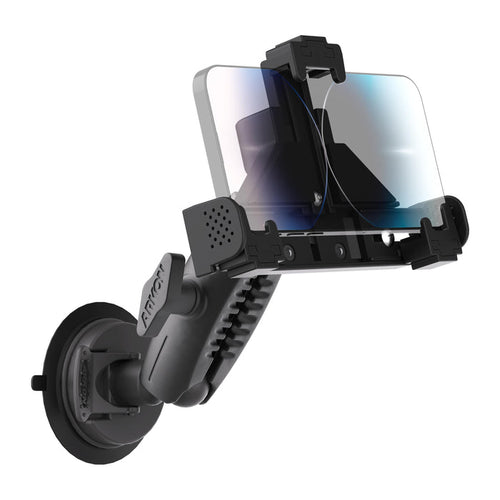 The SkyHold™ Windshield Locking Phone Mount features a black, adjustable design with a secure suction cup base and flexible arm. It keeps your phone steady in landscape mode—ideal for flights or everyday driving.