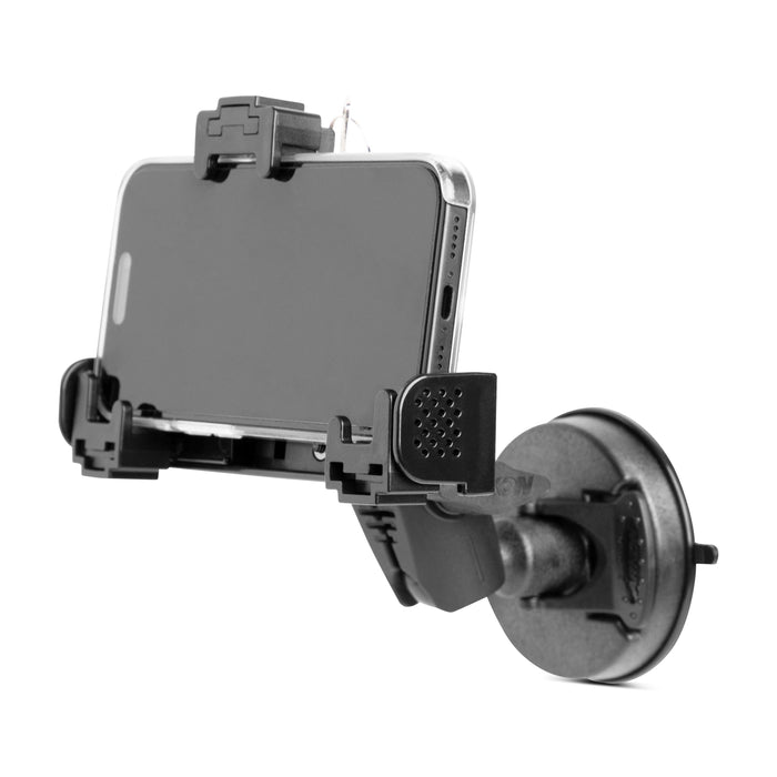 The SkyHold™ Windshield Locking Phone Mount features a secure suction cup base and adjustable side clamps to hold your smartphone in landscape mode—ideal for use on dashboards or windshields in cars or aircraft.