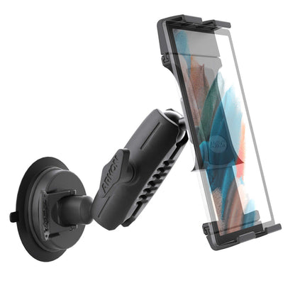 The SkyHold™ Windshield Tablet Mount, shown in black with an adjustable arm, secures a smartphone in a clear case and is angled neatly against a white background.